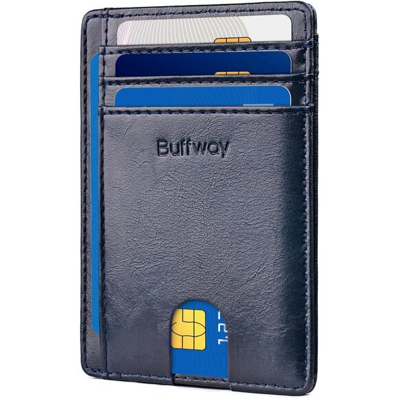 Women Black Slim Minimalist Front Pocket RFID Blocking Leather Wallets - Picture 1 of 8